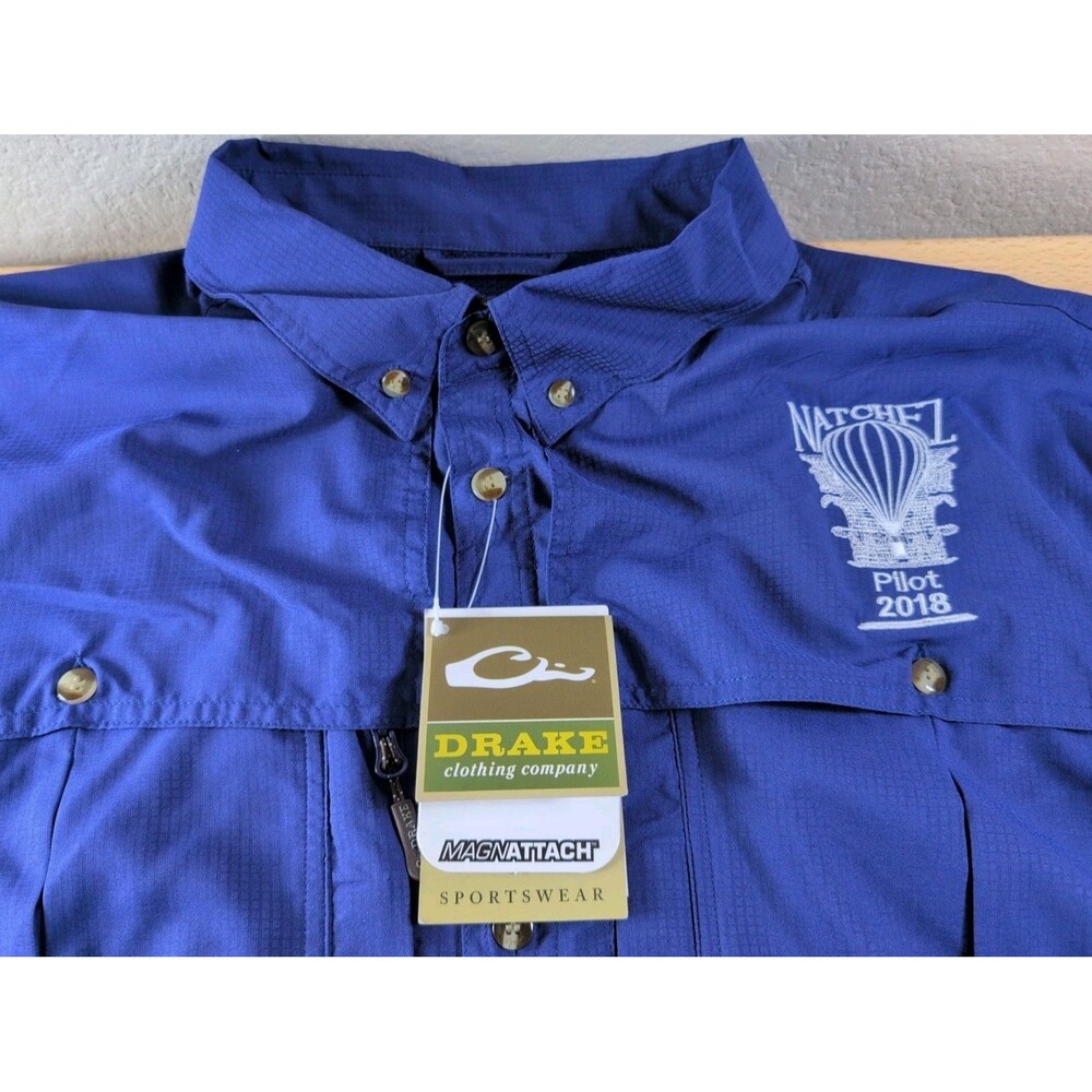 Drake Waterfowl Vented Fishing Shirt Men's XL Blue Hot Air Balloon Logo NWT